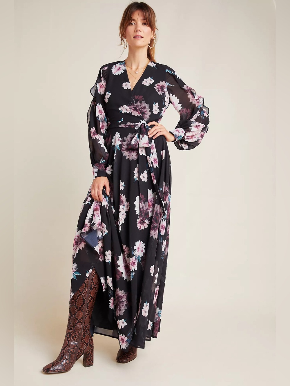 Yumi Kim Jessica Black Floral Maxi Dress Ruffle Sleeve Anthropologie NWT S